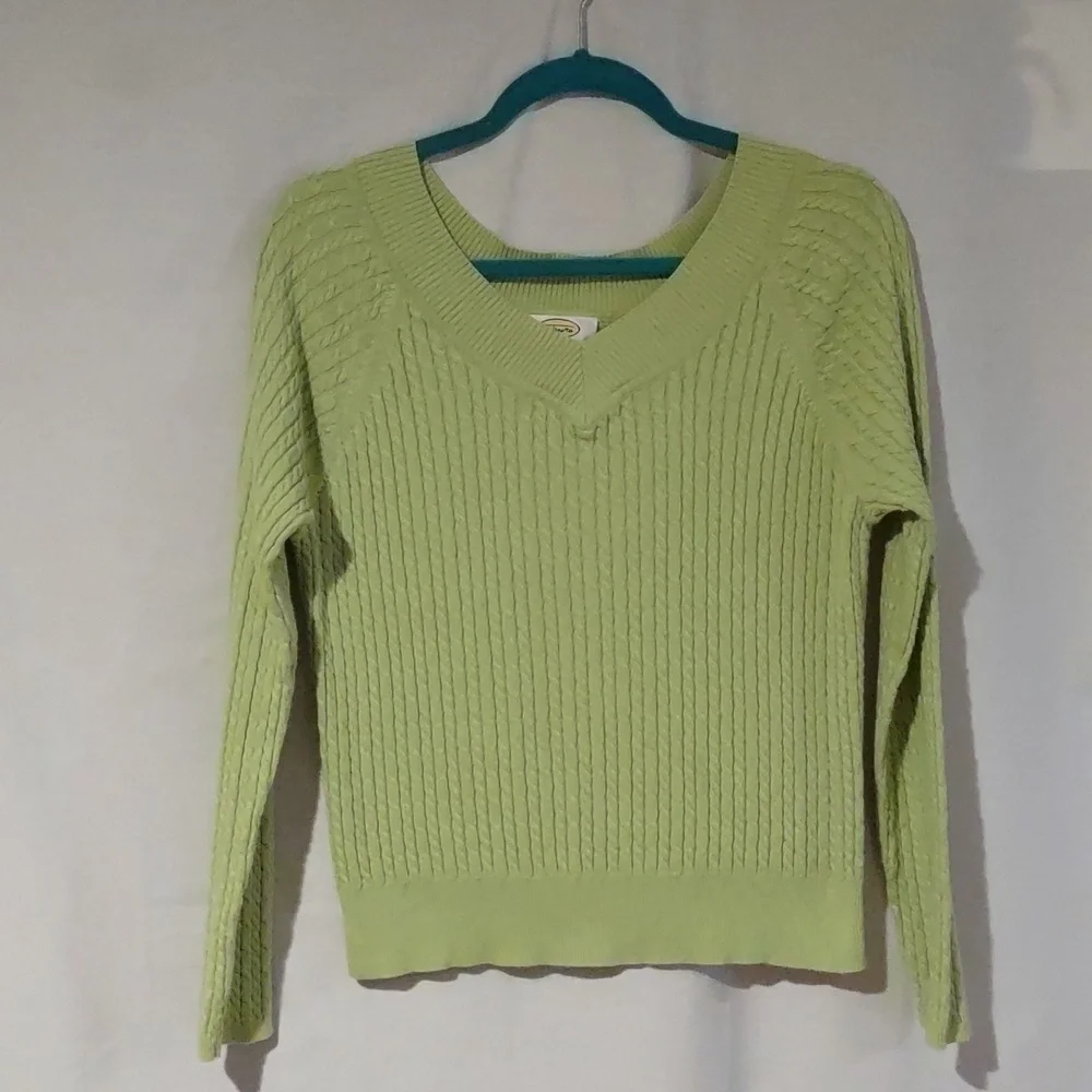 TALBOTS Light Lime Green V-Neck Cable Knit Sweater Petite Size